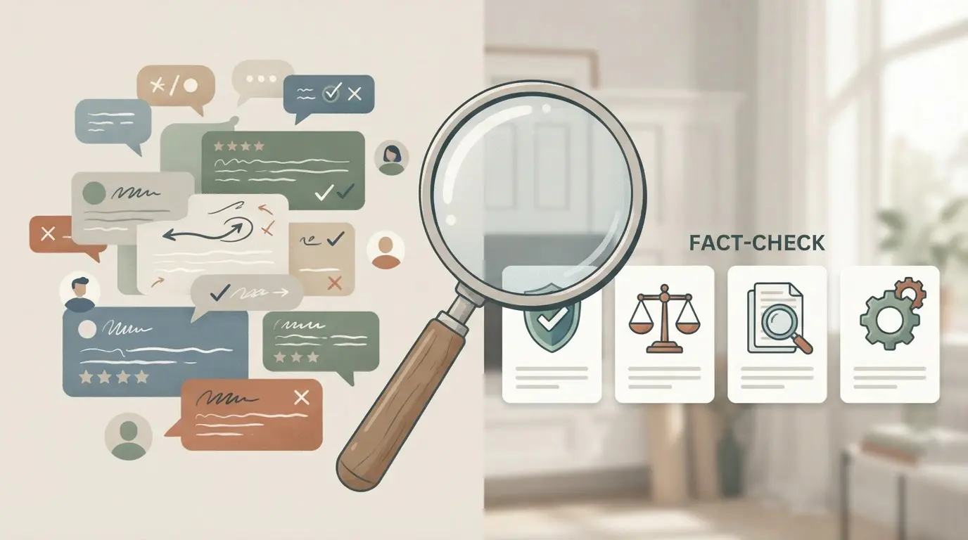 Konceptillustration af anmeldelsesdata, dialogbobler og faktatjek uden stjerner fra en rigtig platform