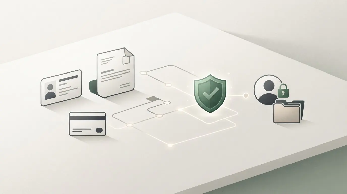 Konceptillustration af sikker dokumentkontrol og identitetsverifikation uden rigtige persondata eller brandinterface