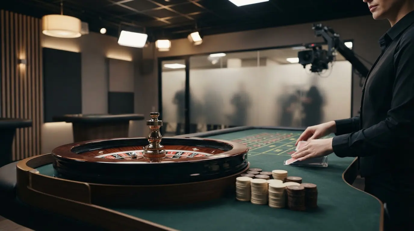 Illustration af live casino med kort, roulettehjul og bordmiljø uden rigtige logoer eller brugerflade